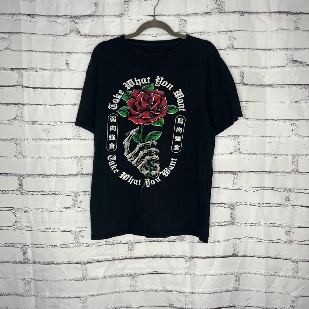 The Young & Wild Rose Skeleton Hand Graphic Shirt Men’s Large Black Gothic Y2K
